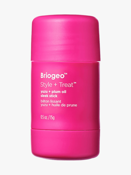 Briogeo Style + Treat Yuzu + Plum Oil Sleek Stick in branded hot pink component on light gray background